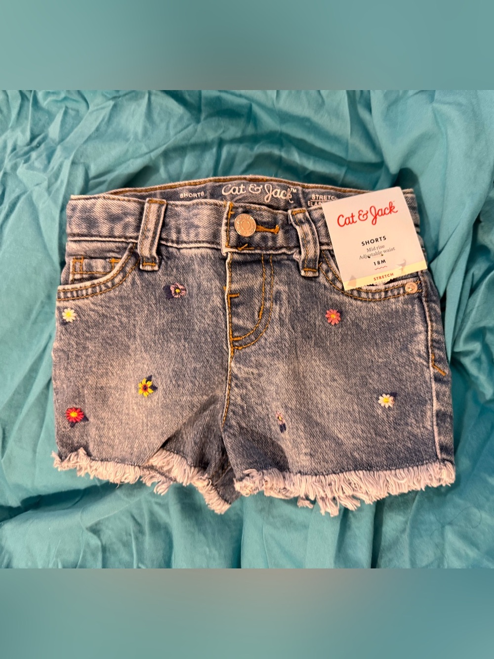New Cat & Jack Light Blue Denim Shorts with Tiny Floral Embroidery 18 months